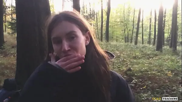 Nowa Young shy Russian girl gives a blowjob in a German forest and swallow sperm in POV (first homemade porn from family archive cienka rurka